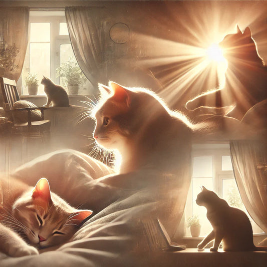 multiple images of a cat overlain as a collage, the cat appears to be content and lit from behind by a ray of warm sunlight, the mood is dreamy