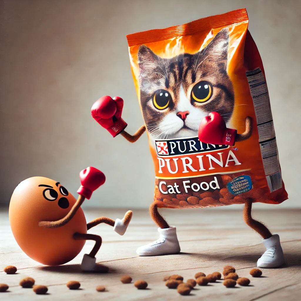 an anthropomorphized egg and bag of Purina cat food engage in a friendly boxing match