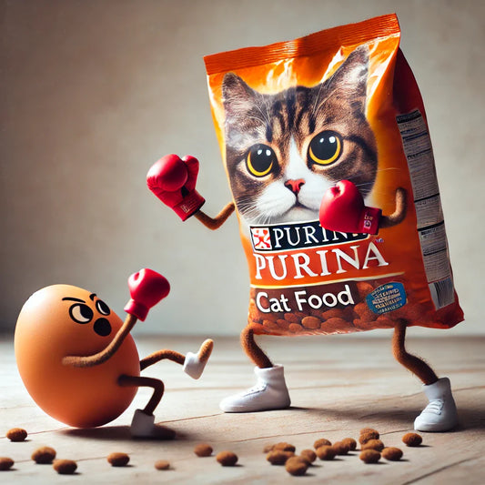 an anthropomorphized egg and bag of Purina cat food engage in a friendly boxing match