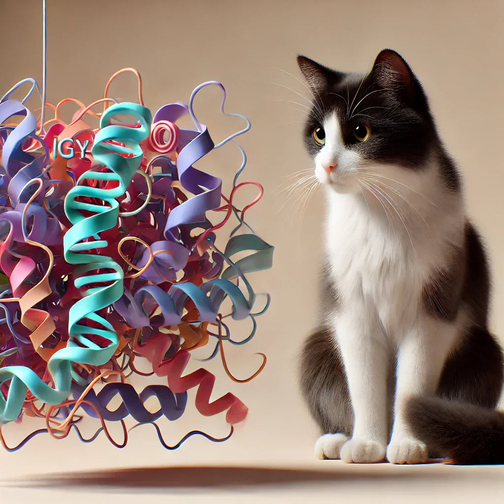 photorealistic image of a cat looking at a scale version of a folded protein which is meant to look like the FEL D 1 protein responsible for allergies
