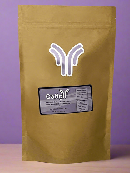 Gold-colored kraft packaging with a brand logo on a purple background
