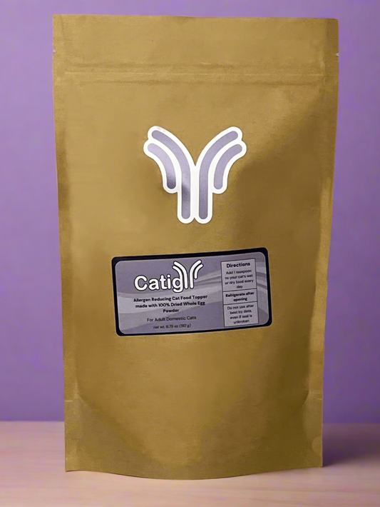 Gold-colored kraft packaging with a brand logo on a purple background